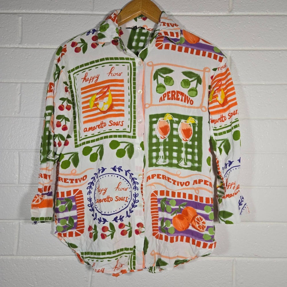 Club Z Collection Cocktail Print Button Up Shirt Small Vacation Resort‎ Bright